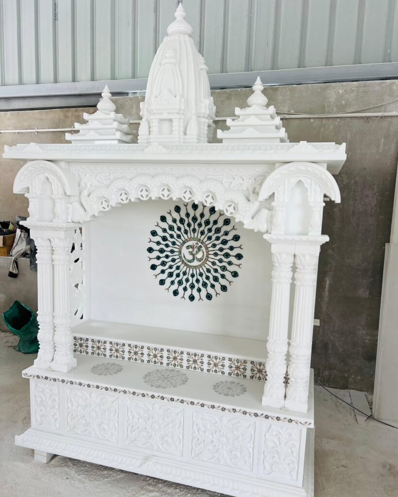 Shikhar Style Makrana Marble Mandir with Peacock Inlay & Ornamental Base