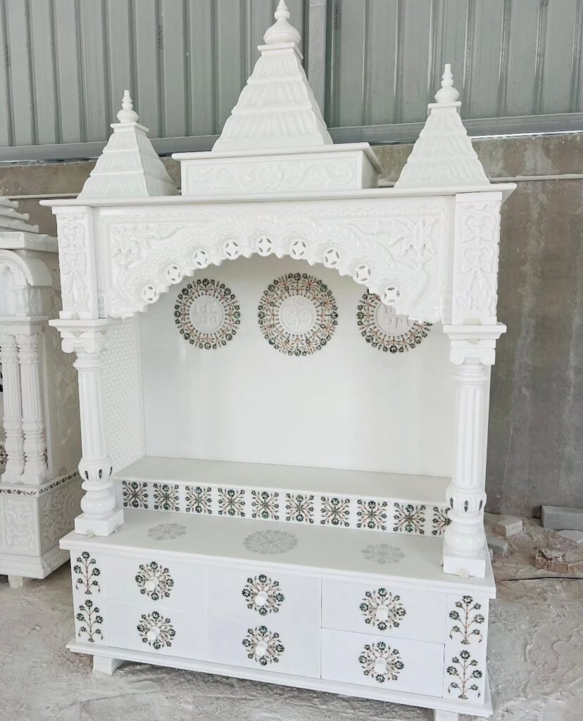 Triple Dome Makrana Marble Mandir with Floral Inlay & Storage Drawers