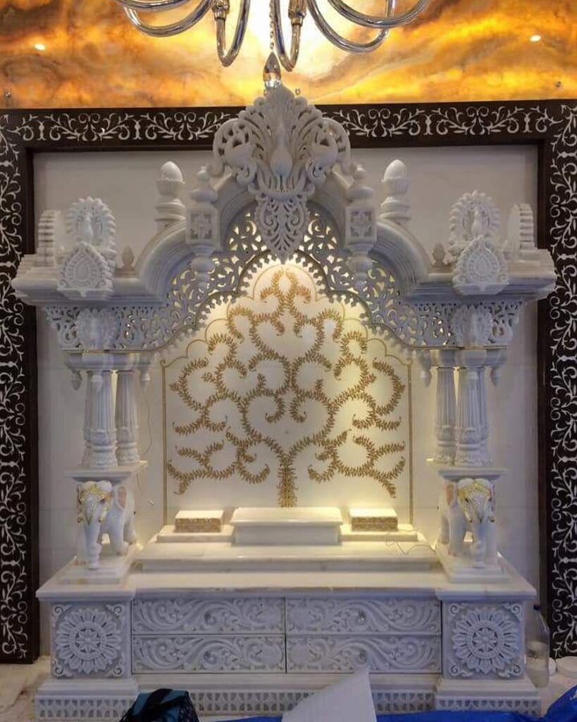 Luxury Designer Makrana Marble Mandir with Backlit Tree Motif