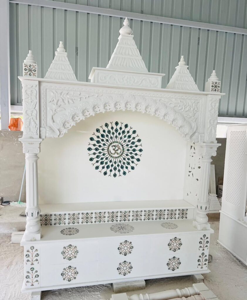 Elegant Triple Shikhar Makrana Marble Mandir with Floral Inlay & Om Design